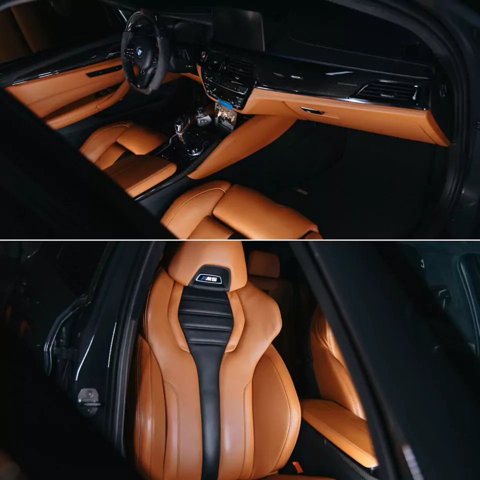 Построили новую акустическую систему для BMW M5 с дизайнерским оформлением багажника! Перешили в кожу салонный пластик, заламинировали карбоном зеркала, провели комплекс детейлинг-услуг